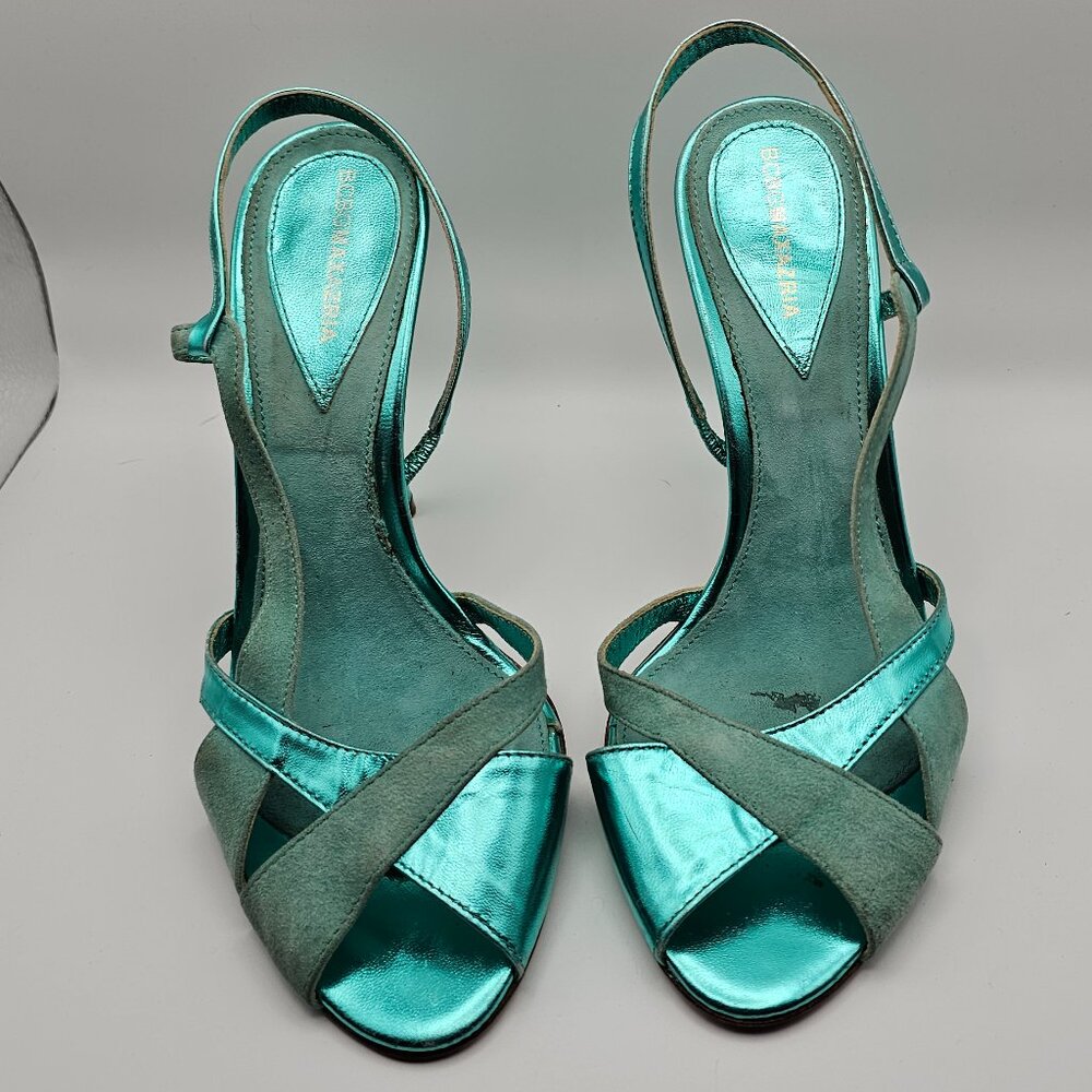 BCBG Max Azria Teal Satin Suede Heels – Size 7.5